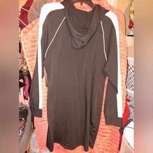 Black hoodie dress with white stripes on sleeves